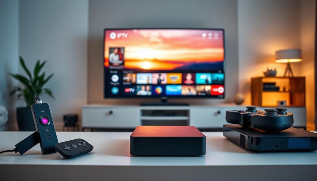 A modern living room showcasing various IPTV streaming devices as of 2026, arranged on a sleek media console. In the foreground, prominent devices like a streaming stick, a smart set-top box, and a gaming console are displayed, all featuring futuristic designs with vibrant LED indicators. The middle layer includes a contemporary flat-screen TV, slightly angled to reveal the user interface showcasing popular streaming apps. In the background, soft ambient lighting creates a cozy atmosphere, with a large window displaying a sunset view, adding warmth to the scene. The image is captured from a low angle to emphasize the devices, with a focus on clarity and detail, highlighting the innovation in IPTV technology. The overall mood is inviting and tech-savvy, ideal for a cutting-edge home entertainment experience.