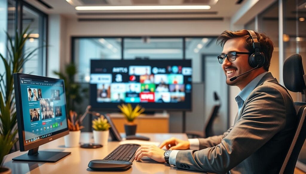 A professional and welcoming customer support environment for PrimeView IPTV, featuring a well-lit office setting. In the foreground, a friendly support agent wearing business attire is sitting at a modern desk, focused on a computer with IPTV software on the screen. The middle ground shows a sleek office space with decorative plants and a large window allowing natural light to flood in. In the background, a digital display showcases vibrant graphics of popular IPTV channels. Soft, warm lighting enhances the inviting atmosphere, while a camera angle captures the agent engaging with a customer on a call, creating a sense of professionalism and attentiveness. The mood conveys commitment to high-quality customer service, reflecting the importance of support for PrimeView IPTV users.