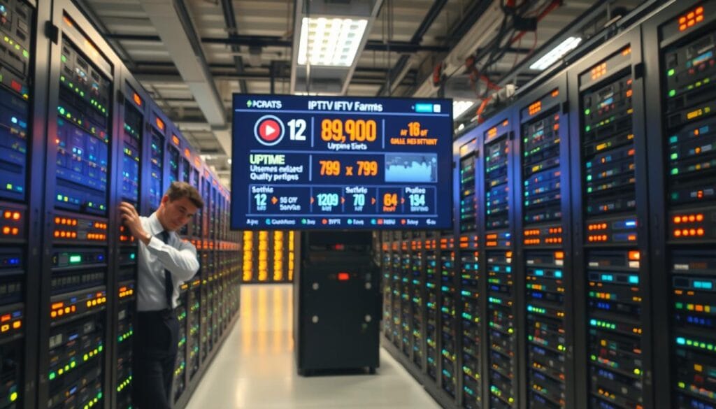 A professional, high-tech IPTV farm, showcasing robust server racks filled with blinking LED lights, symbolizing reliability and connectivity. In the foreground, a technician in business attire adjusts equipment, representing customer support and technical expertise. The middle ground features a large screen displaying uptime statistics and quality metrics, emphasizing the importance of service performance. The background is filled with rows of servers under a soft, warm lighting that conveys a sense of trust and reliability. Use a wide-angle lens to capture the scale of the operation, with a focus on clarity and detail. The atmosphere should feel modern and dynamic, illustrating a dedicated environment for streaming services.