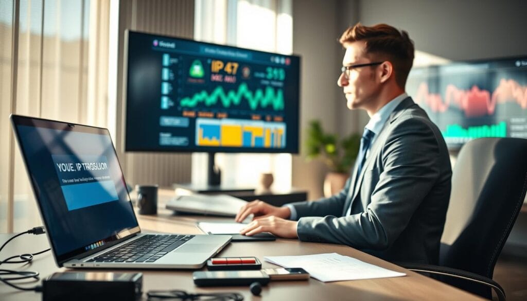 A sleek, modern office environment with a professional individual, dressed in business attire, sitting at a desk and actively troubleshooting an IPTV issue. The foreground features a laptop displaying a vivid IPTV interface with error messages. In the middle ground, accessories like a notepad, a smartphone, and tech-related gadgets are organized neatly on the desk. The background showcases a large monitor with colorful graphs and connectivity status indicators relevant to IPTV troubleshooting. Soft, natural lighting streams through a window, casting gentle shadows and creating a focus on the individual and their work. The overall mood is focused and dynamic, emphasizing problem-solving and technical expertise related to IPTV services.