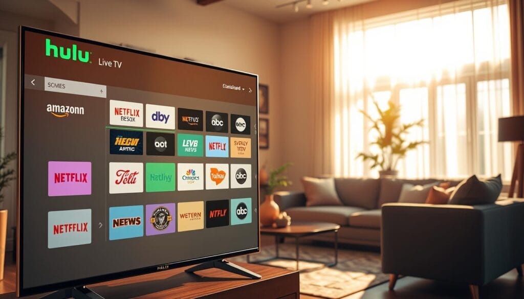 A vibrant and engaging depiction of a "Hulu Live TV Channel Lineup." In the foreground, a sleek modern TV screen displays an organized grid layout of various channel logos prominently featured, showcasing a diverse selection of genres such as sports, news, and entertainment. In the middle ground, a stylish, contemporary living room with a comfortable sofa and coffee table enhances the viewing experience, bathed in warm, inviting light. Natural sunlight streams through a window, creating a cozy atmosphere. The background features tasteful décor that reflects a relaxed lifestyle, hinting at a homey environment. Capture the feeling of excitement and sophistication in this setup, inviting viewers to explore a complete entertainment package.