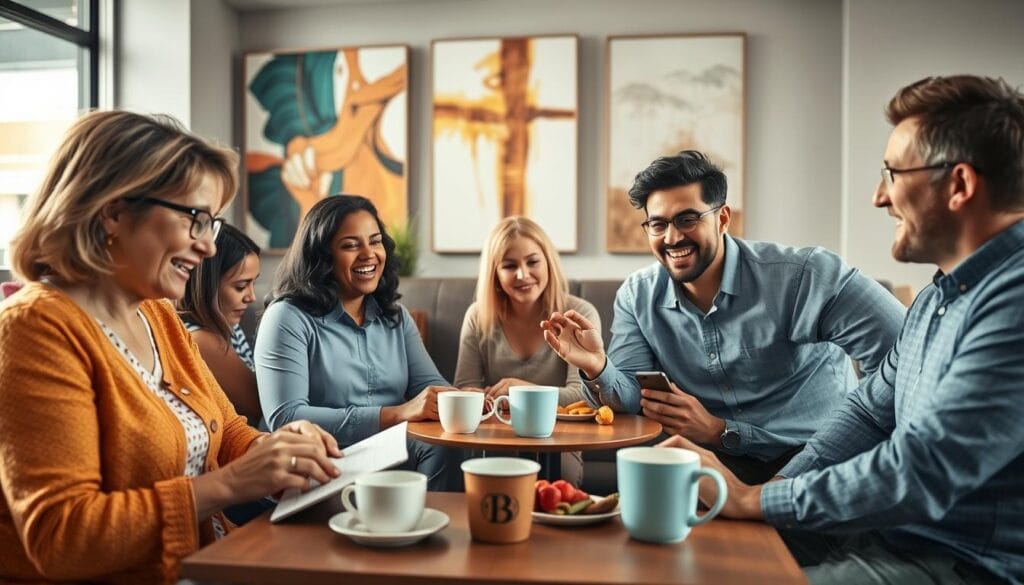 A vibrant and engaging scene depicting a collection of diverse people sitting at a modern coffee shop, enthusiastically discussing and reviewing the Lux IPTV service. In the foreground, a middle-aged woman with glasses types notes on a laptop, while a young man in a smart casual shirt shares his thoughts with a friend. The middle layer features a small table overflowing with coffee cups and snacks. In the background, bright natural light streams through large windows, illuminating the lively atmosphere. The wall is adorned with abstract art, creating an inviting ambiance. Capture a warm, friendly mood filled with excitement and engagement, with soft focus on the background for a professional look.