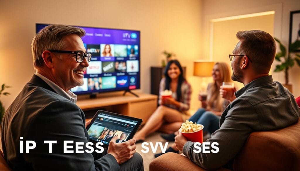 A vibrant collage illustrating the success stories of IPTV users, featuring three diverse individuals in a cozy living room setting. In the foreground, a middle-aged man with glasses is joyfully watching a large television screen displaying various streaming options, dressed in smart casual attire. To his left, a young woman with a big smile holds a tablet, showcasing her favorite channels, wearing a stylish yet professional outfit. In the background, a couple discusses their IPTV experience, enjoying popcorn and drinks in a well-lit, inviting atmosphere. Soft, warm lighting fills the space, creating a welcoming mood. The camera angle is slightly elevated to capture all subjects and the lively environment, emphasizing community and engagement in IPTV entertainment.
