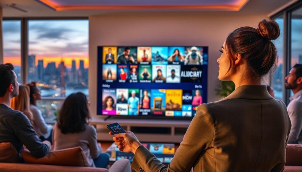 A vibrant digital landscape showcasing a modern living room where a diverse group of people is engaged in viewing a wide variety of IPTV content on a large, sleek TV screen. In the foreground, a young woman in professional attire holds a remote, her expression one of excitement as she selects a show. The middle ground features the TV displaying a collage of global movie posters and streaming icons from different cultures, symbolizing diverse content. The background is an inviting home setting with soft, warm lighting illuminating the room and large windows showing a city skyline at dusk. A sense of connectivity and global access permeates the atmosphere, fostering an inviting and dynamic experience of entertainment. A vibrant digital landscape showcasing a modern living room where a diverse group of people is engaged in viewing a wide variety of IPTV content on a large, sleek TV screen. In the foreground, a young woman in professional attire holds a remote, her expression one of excitement as she selects a show. The middle ground features the TV displaying a collage of global movie posters and streaming icons from different cultures, symbolizing diverse content. The background is an inviting home setting with soft, warm lighting illuminating the room and large windows showing a city skyline at dusk. A sense of connectivity and global access permeates the atmosphere, fostering an inviting and dynamic experience of entertainment.