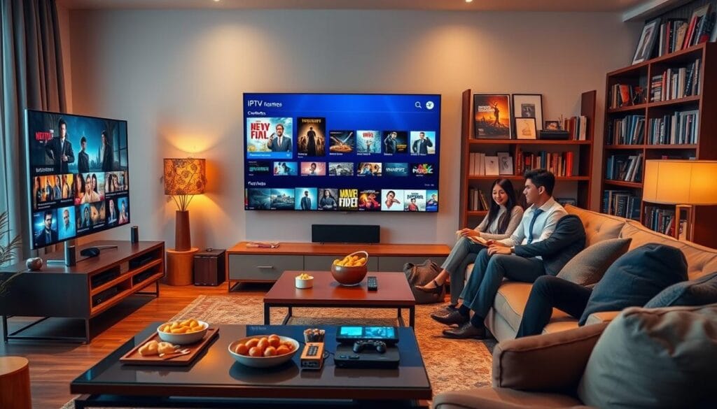 A vibrant, modern living room featuring a sleek flat-screen television displaying a montage of IPTV channels. In the foreground, a stylish coffee table adorned with snacks and remote controls invites relaxation. The middle ground showcases a cozy couch occupied by a diverse group of individuals in professional business attire, deeply engaged in selecting content options from a user-friendly interface displayed on the TV screen. Bright, warm lighting casts a welcoming glow, enhancing the inviting atmosphere. In the background, a bookshelf filled with movie and TV series memorabilia complements the scene, reflecting a passion for endless entertainment. Capture this moment from a slightly elevated angle to emphasize the content choices available on IPTV, creating an engaging visual representation of modern streaming experiences.