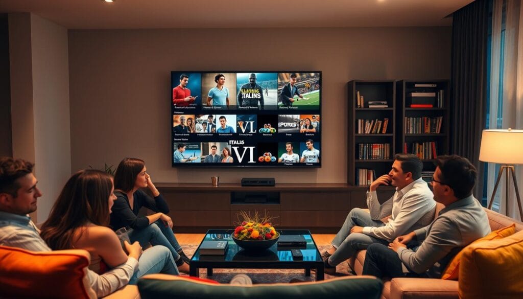 A vibrant scene showcasing Italian IPTV content variety, featuring a stylish living room with a large flat-screen TV displaying a montage of classic Italian films, popular TV series, and live sports events. In the foreground, a group of friends, dressed in smart casual attire, gather around the coffee table, engaging in lively discussion about their favorite shows. In the middle, a cozy couch with colorful cushions complements the warm ambient lighting that fills the room, creating an inviting atmosphere. In the background, a tasteful bookshelf lined with DVDs and streaming device accessories adds detail. The lighting is soft and warm, evoking a sense of togetherness and entertainment, shot from a slightly elevated angle to capture the interaction and the rich array of Italian content available.