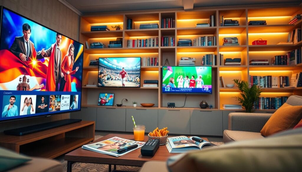 A vibrant scene showcasing a variety of IPTV content on multiple screens in a cozy living room setting. In the foreground, a sleek modern television screen displays an array of genres – a drama series, a documentary, a sports event, and animated shows, all bursting with color. The middle layer includes a stylish coffee table with remote controls, snacks, and magazines related to entertainment. In the background, soft-lit shelves containing books and various media add depth, creating an inviting atmosphere. The warm lighting gives a casual yet sophisticated vibe. Capture the essence of variety, comfort, and endless entertainment possibilities, evoking excitement and curiosity about IPTV options. Use a wide-angle lens to enhance the scene, focusing on balance and clarity. A vibrant scene showcasing a variety of IPTV content on multiple screens in a cozy living room setting. In the foreground, a sleek modern television screen displays an array of genres – a drama series, a documentary, a sports event, and animated shows, all bursting with color. The middle layer includes a stylish coffee table with remote controls, snacks, and magazines related to entertainment. In the background, soft-lit shelves containing books and various media add depth, creating an inviting atmosphere. The warm lighting gives a casual yet sophisticated vibe. Capture the essence of variety, comfort, and endless entertainment possibilities, evoking excitement and curiosity about IPTV options. Use a wide-angle lens to enhance the scene, focusing on balance and clarity.