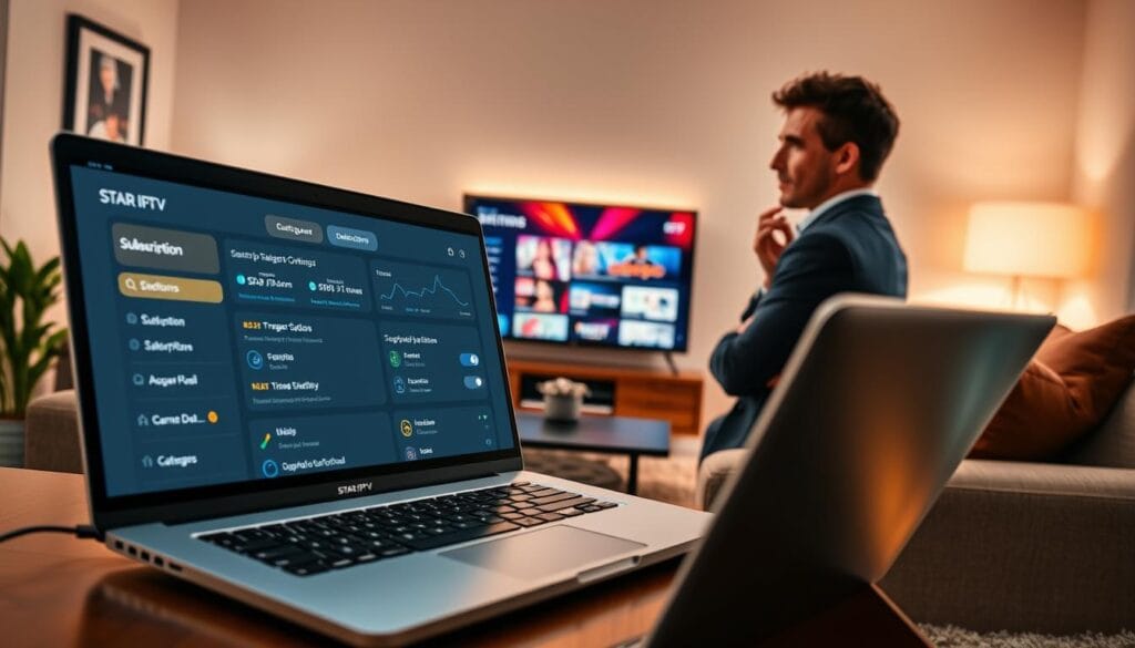 A visually engaging scene depicting the concept of "STAR IPTV Subscription Management." In the foreground, a sleek laptop displaying a modern digital dashboard, showcasing various subscription options and settings related to STAR IPTV. To the side, a professional figure in smart casual attire is focused on the screen, analyzing subscription metrics with a thoughtful expression. In the middle ground, a cozy living room setting with a comfortable sofa and a large flat-screen TV showing the STAR IPTV interface, featuring vibrant streaming categories. The background should suggest a warm, inviting atmosphere, illuminated by soft, ambient lighting, creating a zen-like mood. The scene is captured from a slightly elevated angle, providing a comprehensive view of the entire setup, emphasizing technology and comfort in home entertainment.